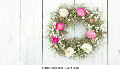 Pink And White Summer Flower Wreath On White Wooden Rustic Background