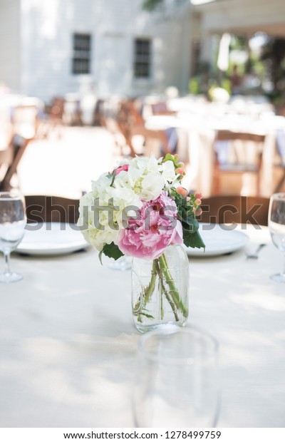 Pink White Table Centerpieces Wedding Reception Stock Image