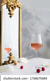 Pink Wine Glass, Cork And Raspberries On The Table And Vintage Mirror On Background. Valentines Day, Wedding Party Celebration, Birthday. Wine Map, Bar Menu. Copy Space For Text