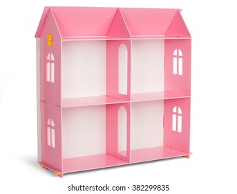 Pink Wooden Dollhouse Isolated On White Background