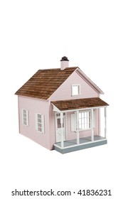 A Pink Wooden Dollhouse On A White Background