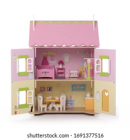 pink wooden dollhouse toy on white isolated background