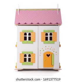 Pink Wooden Dollhouse Toy On White Isolated Background