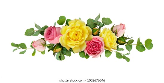 Pink and yellow rose flowers with eucalyptus leaves in a line arrangement isolated on white background. Flat lay. Top view. - Powered by Shutterstock