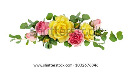 Pink and yellow rose flowers with eucalyptus leaves in a line arrangement isolated on white background. Flat lay. Top view.