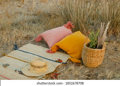 pink and yellow tasseled pillow and vintage straw rug, wicker basket and straw hat, wooden ukulele in the grass - Shutterstock ID 1852678708