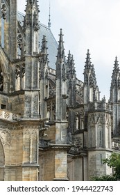 Pinnacles are architectural elements of a Gothic cathedral. Fragment of the construction of the Cathedral of the Holy Cross of Orleans, France.