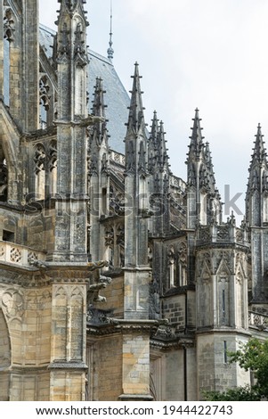 Pinnacles are architectural elements of a Gothic cathedral. Fragment of the construction of the Cathedral of the Holy Cross of Orleans, France.