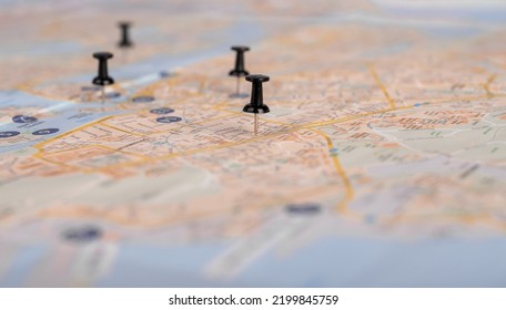 Pins on map. Travel itinerary. Trip route planning, events schedule. Marking destinations to visit. High quality photo