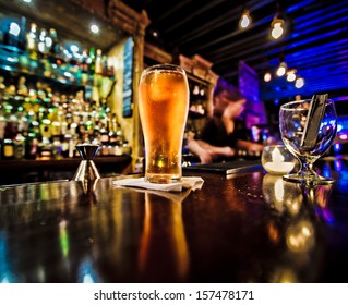 Pint Of Beer On A Bar In A Traditional Style Pub 