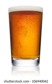 Pint Glass Of Refreshing Amber Beer With Bubbles And Head