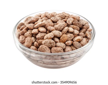 Pinto Beans In A Glass Bowl. These Nutritious Legumes Can Be Cooked, And Are High In Protein And Fiber. The Image Is A Cut Out, Isolated On A White Background, With A Clipping Path. Full Focus.