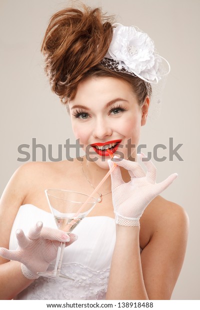 Pinup Bride Drinks Martiniprofessional Makeup Hair Stock Photo