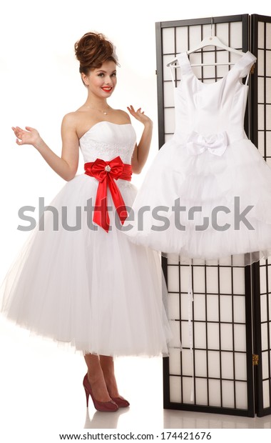 Pinup Bride Standing Near Folding Screen Stock Photo Edit Now