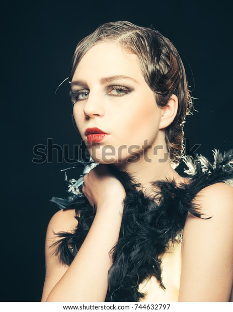 Pinup Girl Boa Retro Hair Makeup Stock Photo Edit Now 744632797