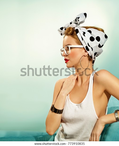Pinup Girl Hair Bow White Tshirt Stock Photo Edit Now 773910835