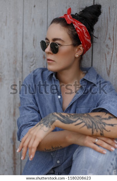 Pinup Style Stylish Woman Bandana Sunglasses Stock Photo Edit Now