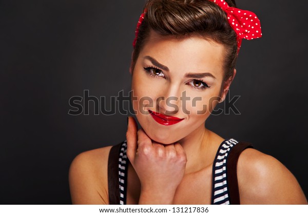 Pinup Woman Big Smile On Black Stock Photo Edit Now 131217836