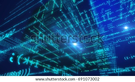 Pioneering 3d rendering of a futuristic computer modeled cyberspace with a digita cube of black and blue color inside of it. The flying formulas and digits look fine
