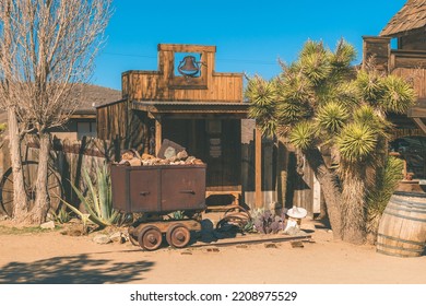 Pioneertown, CA, USA February 2022 - Wild West Building With Mining Cart