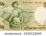 Pioneer-woman soldier holding a basket of oranges Important people on Israeli banknotes.