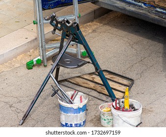 Pipe Cutter Positioned In A Mobile Construction Site For Cutting Galvanized Steel Pipe To Repair An Underground Gas Line