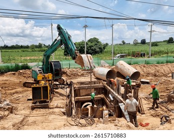 The pipe jacking process for 115-22kV. power cable installation for substation.