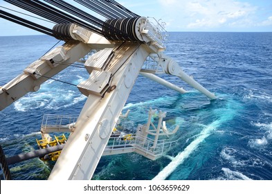 Pipe lay stinger installed at stern of derrick lay vessel during S-Lay pipeline installation. - Shutterstock ID 1063659629