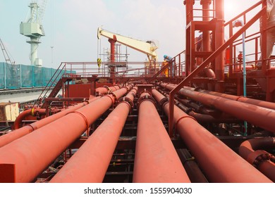 Pipe line on tanker ship in shipyard under repair and maintenance