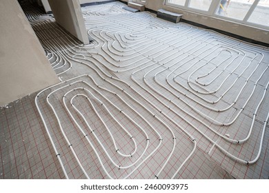 Pipe system of floor heating mounted in residential building under construction