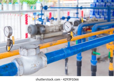 Pipe, valve and manometer of LPG gas transplant at LPG gas station.