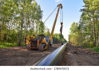 Pipelayer With Side Boom Installation Of  Gas And Crude Oil Pipes In Ground. Construction Of The Gas Pipes To New LNG Plant. 