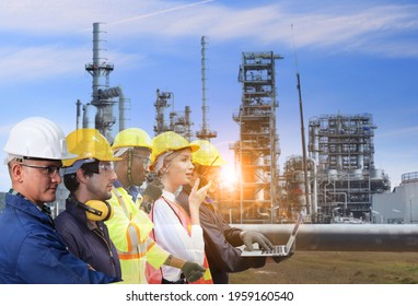 Pipeline , Oil, Natural Gas Or Water On Long Distances With Oil Refinery Industry Plant Background And Engineer On Site, They Are Working At Building Construction Area.