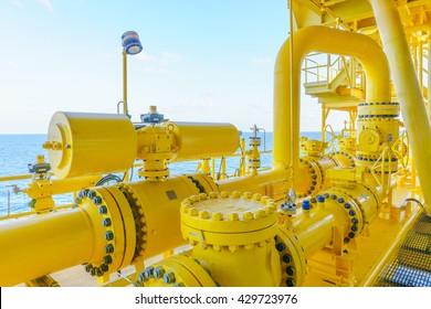 Pipeline production and control valve for oil and gas process, Petroleum construction on offshore wellhead remote platform, Energy and petroleum industry, Oil and gas or Petroleum is major of world.