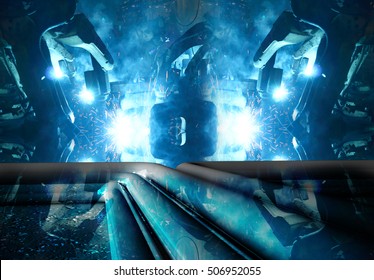  pipelines and robot welding  : Tubes running in the direction of the setting sun. Pipeline transportation is most common way of transporting goods such as Oil, natural gas or water on long distances. - Powered by Shutterstock