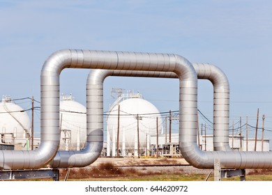 Pipelines And Spherical Storage Tanks Of Oil And Gas Industry Petrochemical Refinery Factory Plant In Texas, USA