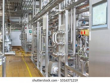 Pipelines From Stainless Steel, A System For Pumping Liquids Or Milk For The Food Industry. Abstract Industrial Background.