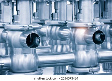 Pipelines From Stainless Steel, A System For Pumping Liquids Or Milk For The Food Industry. Abstract Industrial Background.