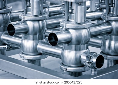 Pipelines From Stainless Steel, A System For Pumping Liquids Or Milk For The Food Industry. Abstract Industrial Background.