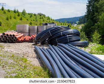 Pipes In Bays. Civil Infrastructure Pipe, Water Lines And Sanitary Storm. Preparation For Earthworks For Laying An Underground Pipeline. Modern Water Supply Systems. Ground Water Drainage System Pipes