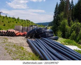 Pipes In Bays. Civil Infrastructure Pipe, Water Lines And Sanitary Storm. Preparation For Earthworks For Laying An Underground Pipeline. Modern Water Supply Systems. Ground Water Drainage System Pipes