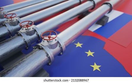 Pipes of gas or oil from Russia to European Union. Sanctions concept. 3D rendered illustration. - Shutterstock ID 2132088967