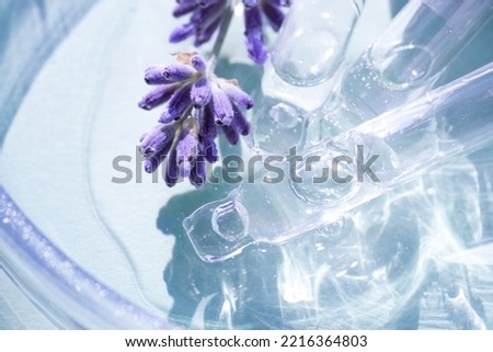 Pipette with cosmetic liquid or face serum with lavender flowers over blue background. Texture of hydrolate or cosmetic oil with lavender extract for skin care. Selective focus