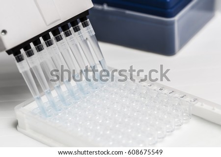 Pipette depositing samples into a 96 well micro-plate