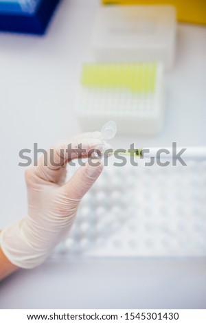 Pipette with several test tubes. Womans hand in white latex gloves in chemical laboratory filling the tube with the liquid. DNA test