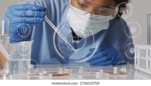 Pipetting lab tech moving drop into petri dishes on lab bench, wearing blue gloves mask and goggles HUD. Beaker, cylinder, culture, plates, pipette, glassware, science