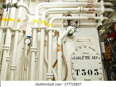 Piping connection Engine Room Spaces on a modern vessel - engineering interior including pipes, cables, pumps