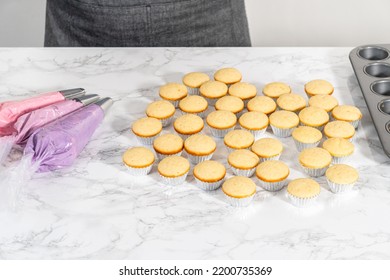 Piping Ombre Pink Buttercream Frosting On Mini Vanilla Cupcakes.