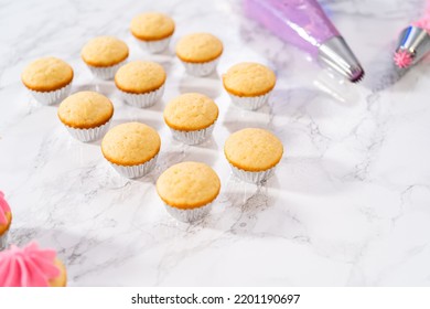 Piping Ombre Pink Buttercream Frosting On Mini Vanilla Cupcakes.