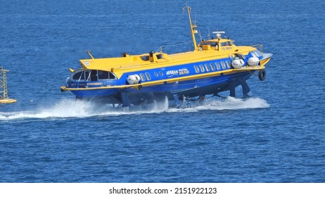 Piraeus, Attica |Greece - April 20 2022: Zoom Photo From Catamaran High Speed Vessel Reaching Port Of Piraeus